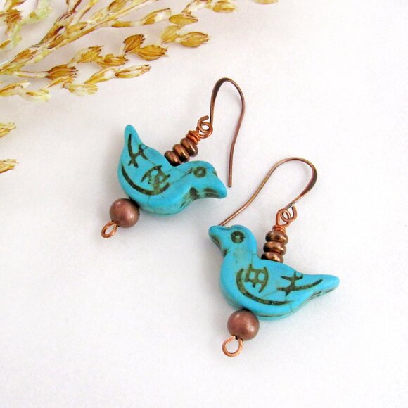Handmade Blue Bird Earrings with Turquoise Magnesite and Copper Beads - Picture 2 of 4
